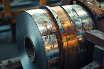 Sunlit galvanized steel coil for metal sheet forming in a factory workshop
