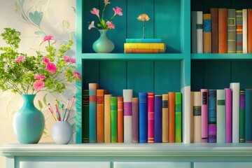 Bright Colorful Bookshelf With Flowers And Decorative Objects Creating An Inviting Home Office Backdrop For Virtual Meetings