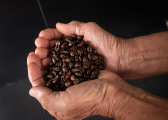 Close-up of a man holding a roasted coffee bean.
