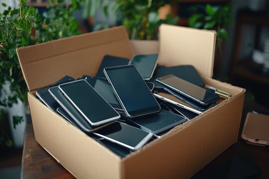 A cardboard box overflows with various used smartphones and tablets. Illustrates e-waste recycling, phone trade-in, or data security.