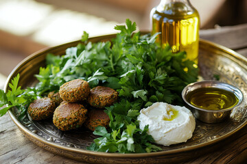 An elegantly decorated Ramadan food tray with falafel, labneh, fresh herbs, and a side of olive oil, presented on a traditional brass plate
