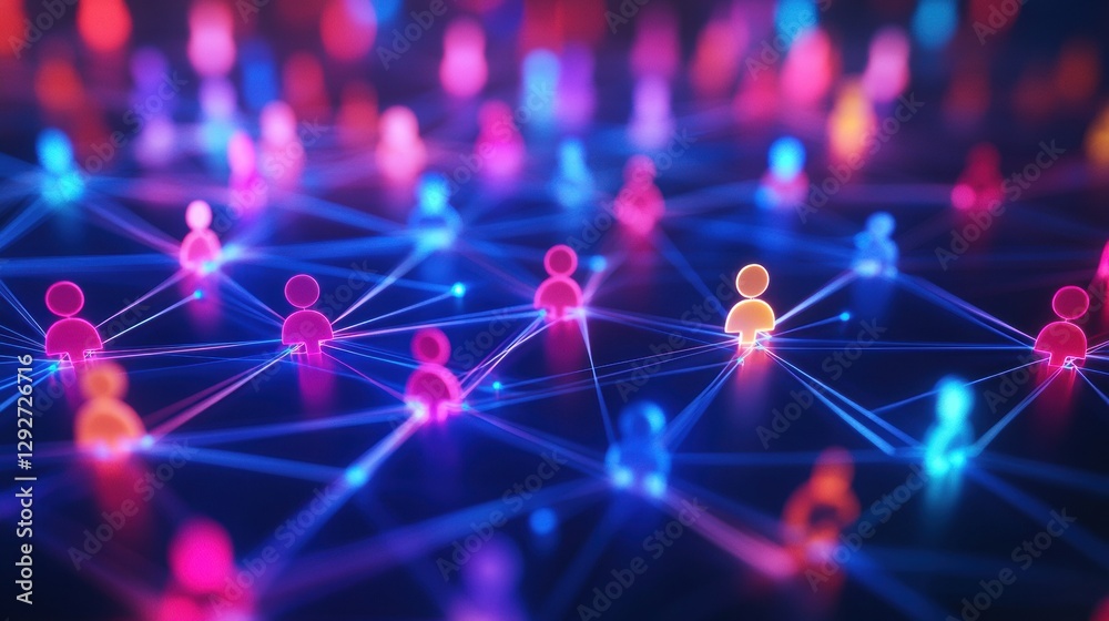 Aufkleber colorful 3d avatars connected by glowing lines demonstrate digital social interactions in a vibrant 