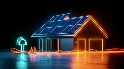 Stylized digital concept of a smart home with luminous solar rooftops a glowing plug symbol and flowing energy currents showcasing futuristic eco friendly living and green technology