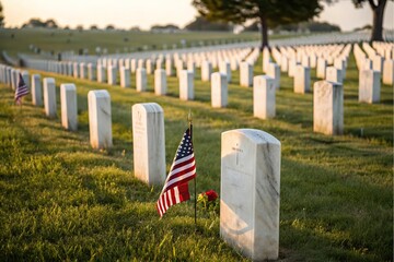 Serene cemetery landscape with rows of tombstones and american flag in a field on a sunny day symbolizing remembrance and honor

