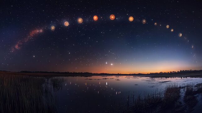 A breathtaking planetary alignment fills the night sky each planet glowing with vibrant energy