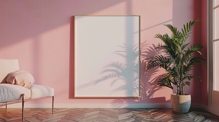 Modern Minimalist Interior Design Pink Room with Empty Frame Plant and Chair