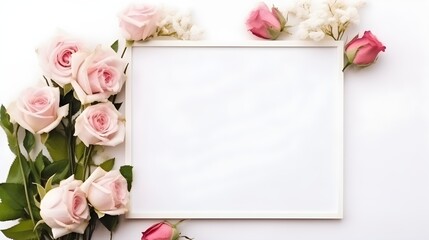 Elegant Pink Roses and White Frame Mockup Floral Flat Lay Romantic Background