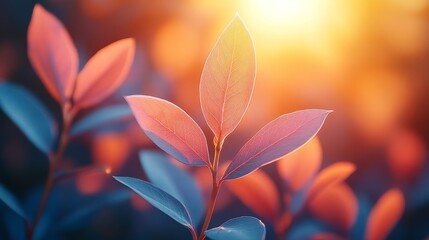 Fototapeta premium Vibrant leaves with orange and blue gradient at golden hour, serene and peaceful nature scene. Natural beauty and tranquility concept