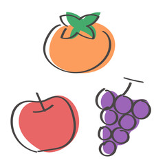 手書きの秋の果物　柿　りんご　ぶどう　ゆる可愛いイラスト