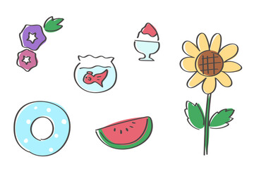 日本の夏の風物詩　手書きイラストセット