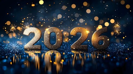 Vibrant and Captivating 3D of a Sparkling Blue Festive Scene Celebrating the Arrival of 2026 with Shimmering Golden Lettering and Dazzling Fireworks Display