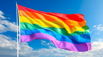 Vibrant colorful LGBT pride rainbow flag gracefully waving in the wind against a clear blue sky  The bold radiant colors symbolize freedom for the LGBTQ community
