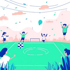 Joyful Children Playing Soccer on a Vibrant Field with Confetti