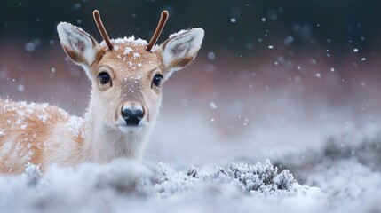 Fawn in snowy forest, winter scene, wildlife