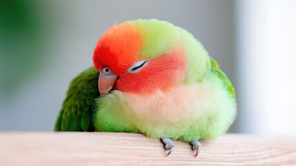 Naklejka premium Sleeping Parakeet on Wooden Perch