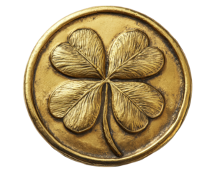 golden coin embossed with four leaf clover symbolizes wealth and good fortune. This intricate design highlights beauty of clover, representing luck and prosperity