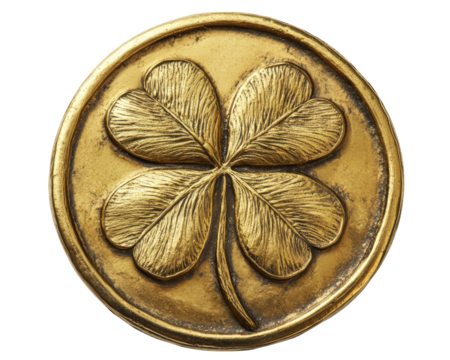 golden coin embossed with four leaf clover symbolizes wealth and good fortune. This intricate design highlights beauty of clover, representing luck and prosperity