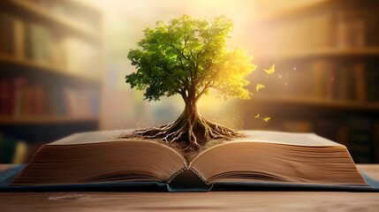 Whimsical scene of an ancient oak tree emerging from the pages of a vintage book its roots entwined with aged scrolls