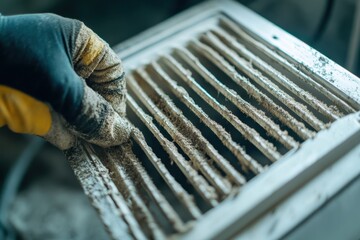Technician replaces a dirty air filter in a home with a clean one Close up of a dusty white ventilation grille hazardous to health