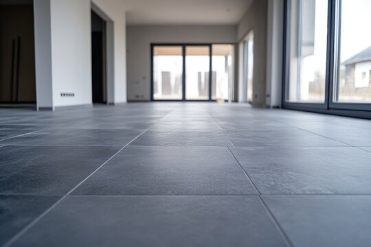 The bare gray tile floor fills the house