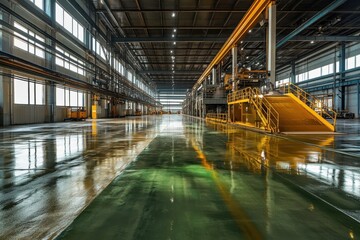 Naklejka premium The factory s concrete floor has a green epoxy coating where the steel platform for machines is installed