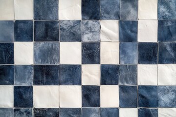 Fototapeta premium The floor mat features a white and dark blue patchwork design