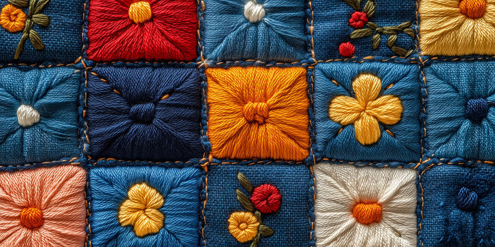 Fototapeta close-up, macro-style photograph of a textile with a colorful patchwork and embroidered floral pattern in a variety of stitches. It is suitable for websites and blogs about crafts, fashion, or decor