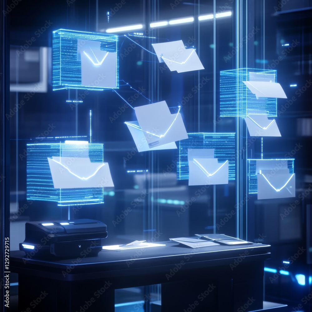 Poster futuristic mail system: holographic envelopes and printer in a digital office environment.
