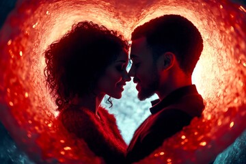 Valentine's day, affectionate couple: extraordinary striking image of loving interracial adult lovers. Sign of love and affection. Commercial digital ads visual idea. Man and woman cuddling.