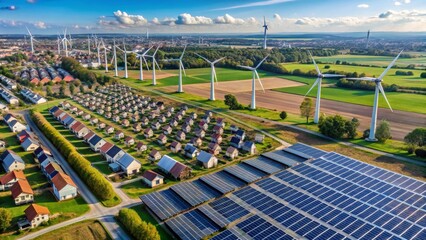 Aerial Perspective of a Suburban Community Utilizing Renewable Energy Sources Wind Turbines and Solar Panels