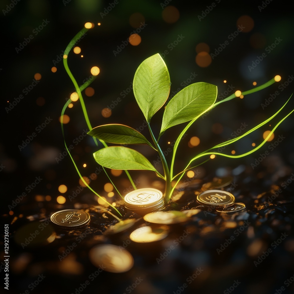 Aufkleber growth of crypto: sprout emerging from coins, symbolizing investment and sustainable financial futur