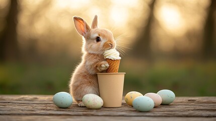 Ice cream Easter concept. A cute rabbit enjoying ice cream surrounded by pastel-colored eggs, set against a warm, blurred background.
