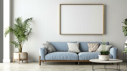 Modern Living Room Interior Design Mockup with Blue Sofa Gold Frame and Plants
