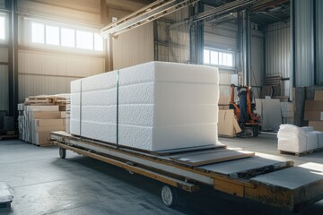 The loader delivered a fresh block of foam to the warehouse on a cart Manufacturing polystyrene insulation panels from expanded foam