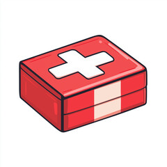 Red first aid box with a white cross symbol on top, representing an emergency medical kit, isolated on white background