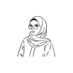 Line art drawing of a beautiful woman wearing glasses and hijab.