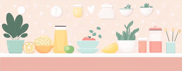 Colorful Easter Eggs and Tulips in a Vase on a Breakfast Table with Tea and Fresh Fruit