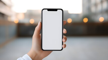 Woman s Hand Holding Smartphone with Blank Screen Modern City Background