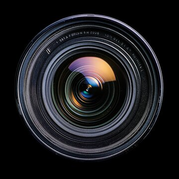 Fototapeta Macro View of a Camera Lens with Optical Reflections, set Against a Stark Black Background
