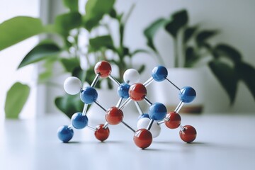 Colorful Molecular Model on Table Surrounded by Green Plants