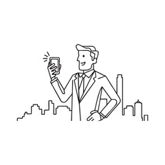 Line vector illustration of man holding mobile phone pose. Line vector illustration of handsome and attractive man in suit. Businessman, rich model character.