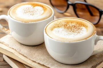 Obraz premium Two Cups Of Coffee Drink With Heart Latte Art