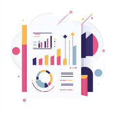 Fototapeta premium Modern business report with vibrant bar graphs, pie charts, and statistical data, representing project evaluation and performance analysis