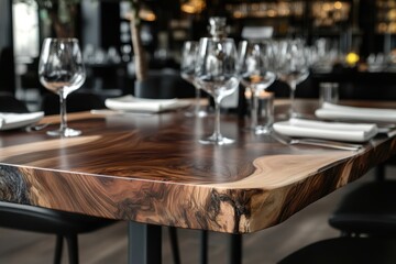 The sleek edge of a solid walnut table with epoxy resin in a modern setting