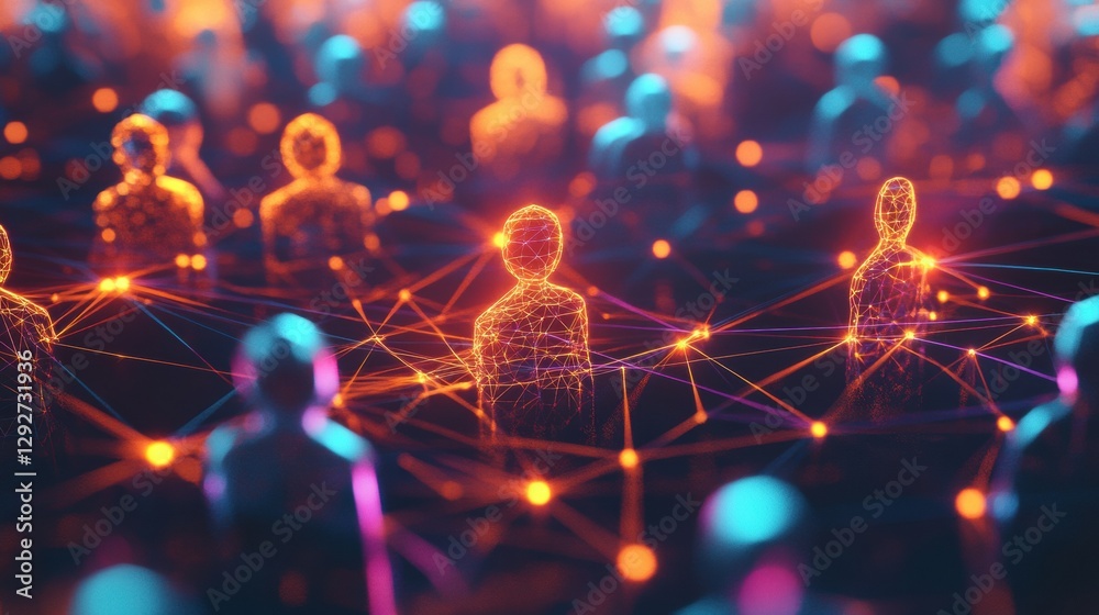 Fototapete futuristic digital network with colorful 3d avatars interconnected by glowing neon lines in a virtua