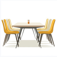 Minimalist conference room table with yellow chairs and a coffee cup, symbolizing casual meetings and collaborative discussions