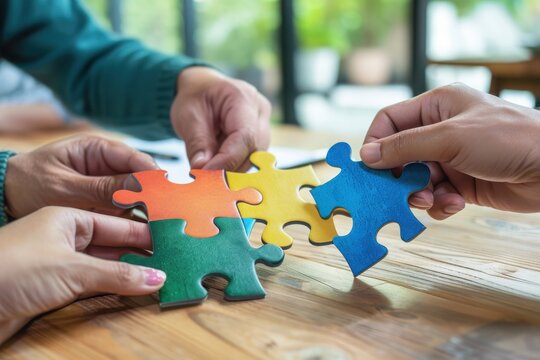 Team Collaboration in Puzzle Assembly on Wooden Table Close-Up
