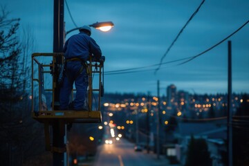 Utility Worker Repairs Street Light at Dusk