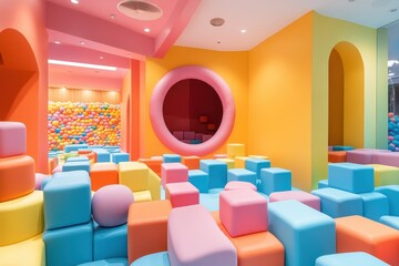 Obraz premium This lively image showcases the bright cubes in the Yaahooo foam pit a fun play area for young children and teens