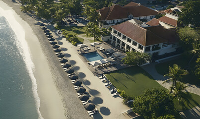 Naklejka premium Luxurious beachfront resort aerial view; pristine beach, turquoise ocean, elegant colonial-style hotel with pool and palm trees.
